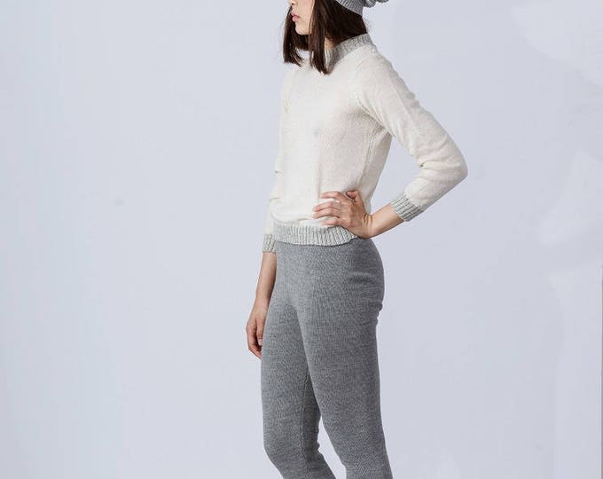 Ivory crewneck sweater in extra-fine knit featuring melange rib trim / round neck pullover alpaca sweater wool sweater / woman wool jumper