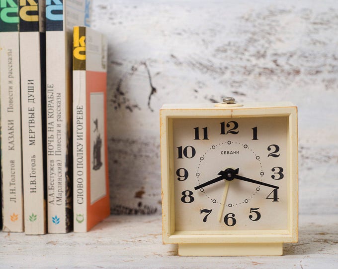 Alarm clock vintage, white retro clock, Sevani clock, Soviet clock, Russian clock, desk clock, retro home decor wind up mechanical clock