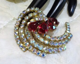 Vintage Art Deco Style Red and AB Rhinestone Tiered Swirl Brooch