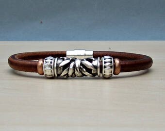 Mens Beaded Bracelet, Mens Leather Bracelet, Bracelet For Him, Antique Silver Plated, Customized On Your Wrist