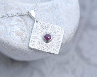 Ruby Jewelry, Ruby Pendant, Square Silver Pendant with Ruby, Textured Silver with Ruby Necklace, July Birthstone Pendant, Ruby Jewellery