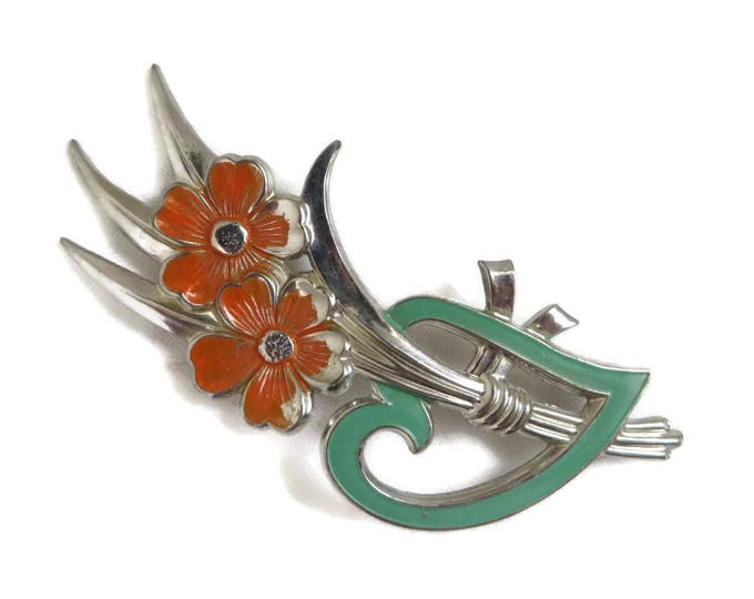 Orange Flower Brooch, Vintage Green Heart Floral Pin, Silvertone Flower Brooch, C Clasp Pin, Summer Jewelry