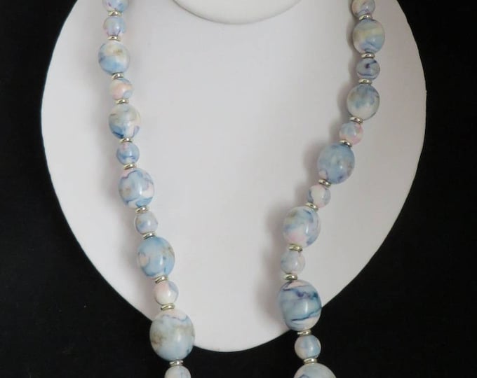 Vintage Blue Beaded Necklace - Blue and Pink Abstract Design Graduated Bead Necklace, Gift for Her