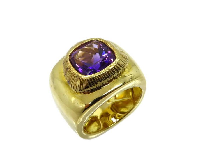 Amethyst Ring - Vintage Gold Plated Sterling Silver Chunky Wide Band Ring, February Birthstone, Size 8, Gift for Her