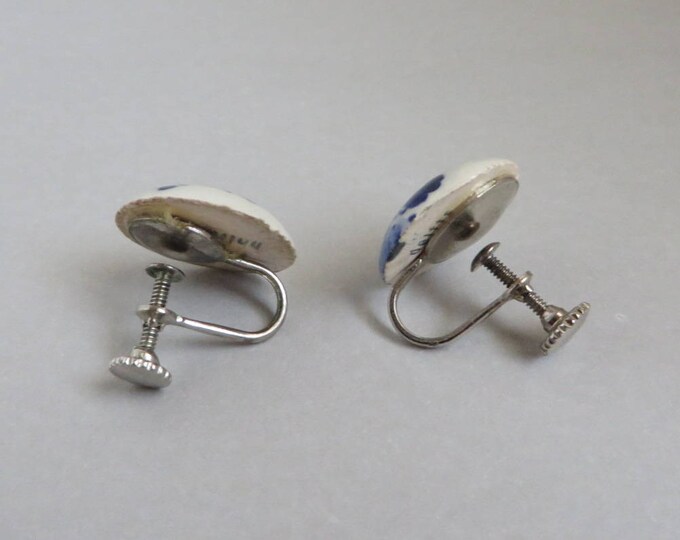 Vintage Delft Porcelain Earrings, Hand Painted Dutch Screw Back Earrings