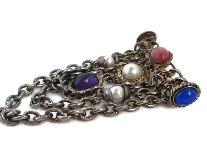 Art Deco Bar Brooch, Vintage Dangling Chain Glass Bead Brooch, Faux Pearl Silver Tone Brooch