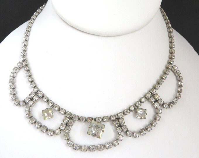 Rhinestone Bridal Necklace, Vintage Silver Tone Rhinestone Statement Necklace, Formal Wear