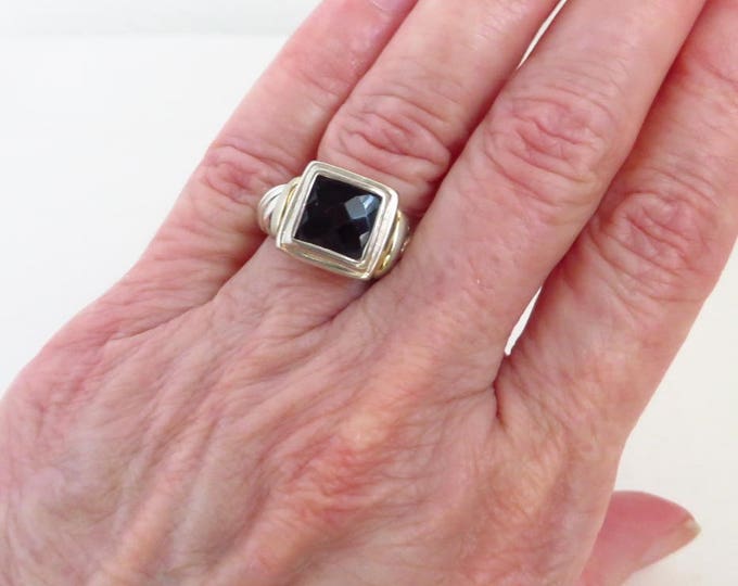 Black Spinel Silver Ring, Vintage Faceted Black Stone Sterling Silver Scrolled Band Ring, Size 5.5