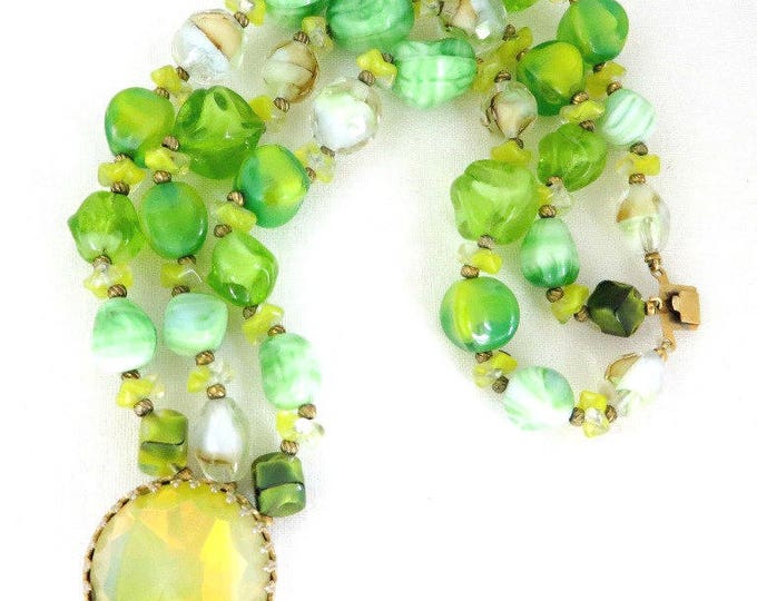 Vintage Bracelet - Hattie Carnegie Crystal Bracelet, Three Strand Green Glass Bracelet, Designer Signed Bracelet