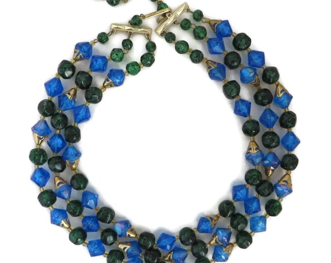West Germany Necklace | Vintage Blue Beaded Necklace | Triple Strand Necklace | Blue, Green Beaded Choker