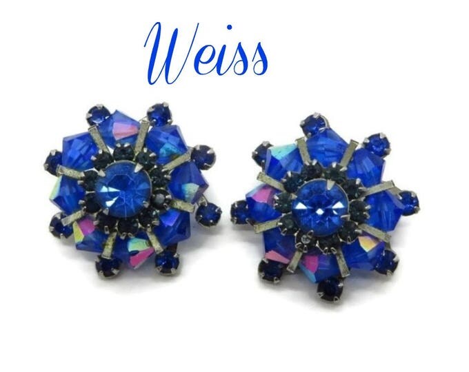 Weiss Royal Blue Rhinestone Earrings, Vintage AB Rhinestone Clip-on Earrings, Signed Weiss Jewelry
