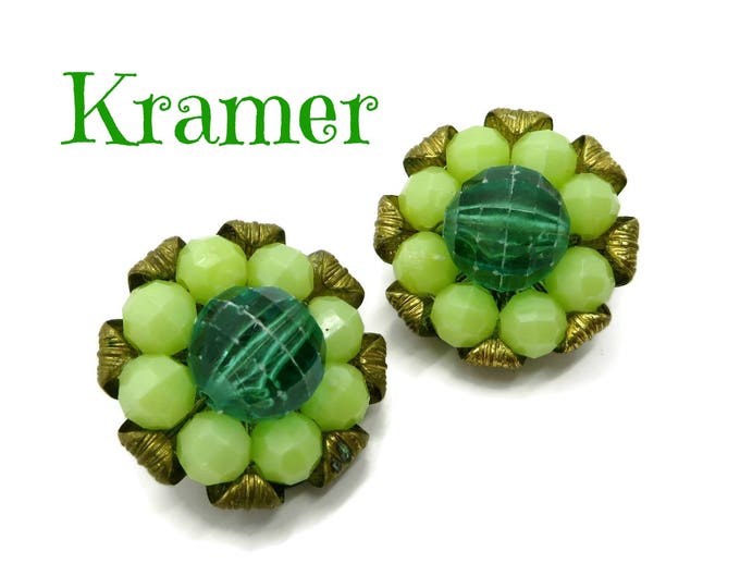 Vintage Kramer Earrings, Green Bead Earrings, Brass Tone Clip-on Earrings, Signed Kramer Jewelry