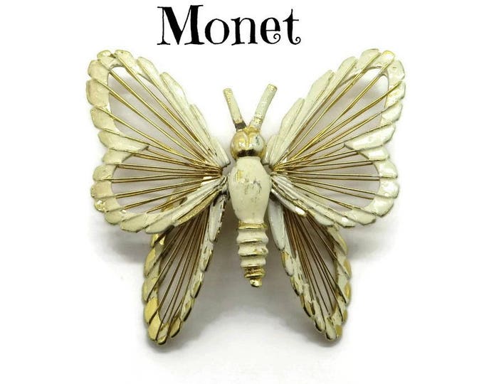 Vintage Cream Butterfly Brooch - Monet Cream Enamel Pin, Gold Tone 1960s, Insect Pin, Gift Box