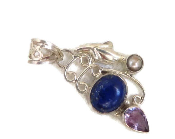 Sterling Silver Pendant - Lapis, Amethyst, Pearl Pendant, Vintage Necklace, Perfect Gift, Gift Box