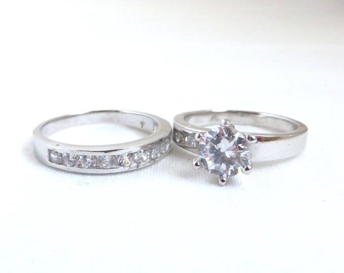 Sterling Silver Wedding Ring Set, Vintage Topaz Engagement Ring, Wedding Band, Size 7, Gift for Her