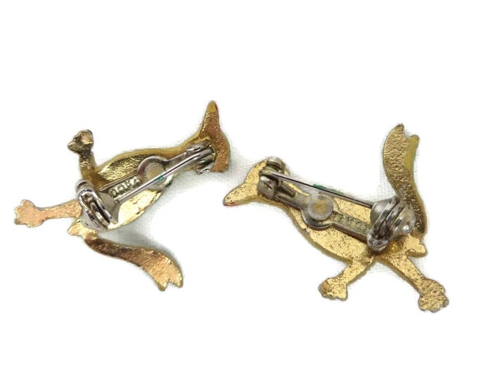 Roadrunner Brooches - Vintage 1950s Korea Green and Yellow Roadrunner Brooch Pair, Gift for Her