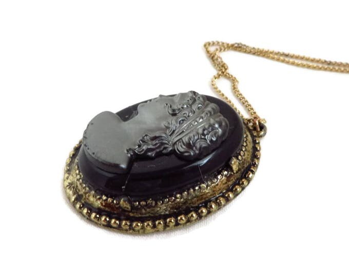 Vintage Cameo Necklace | Black Gray Glass Pendant | Gold Tone Chain Necklace | Flawed Cameo