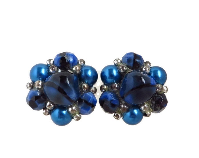 Trifari Blue Cluster Bead Earrings, Vintage Silver Tone Blue & Silver Bead Clip-ons