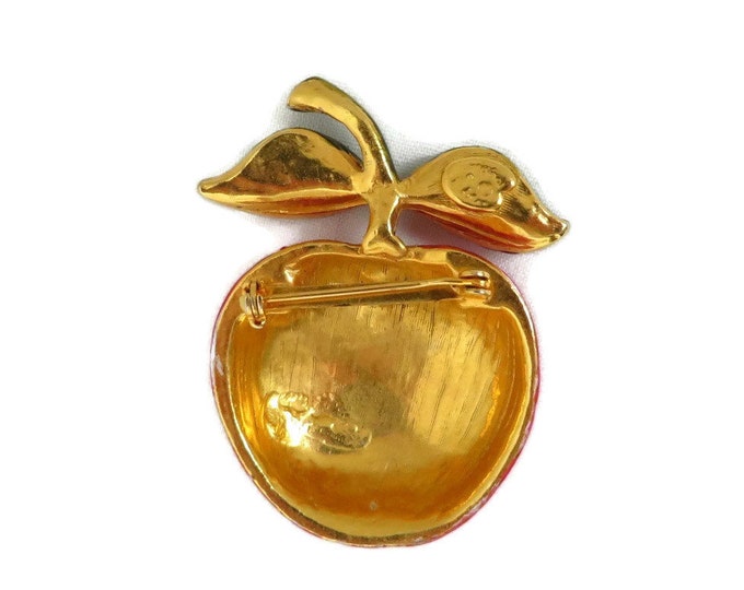 Red Apple Brooch, Vintage Apple Pin, Hattie Carnegie Vintage Jewelry, Red Fruit Brooch with Worm, Vintage Gold Tone Signed Designer Pin