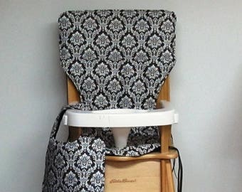 cotton high chair cushion, eddie bauer chair pad, feeding chair, seat protector, replacement cover, dark chocolate damask with matching bib