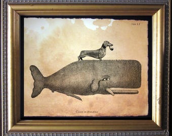Dachshund Wiener Dog Riding Whale - Vintage Collage Art Print on Tea Stained Paper - Vintage Art Print - Vintage Paper