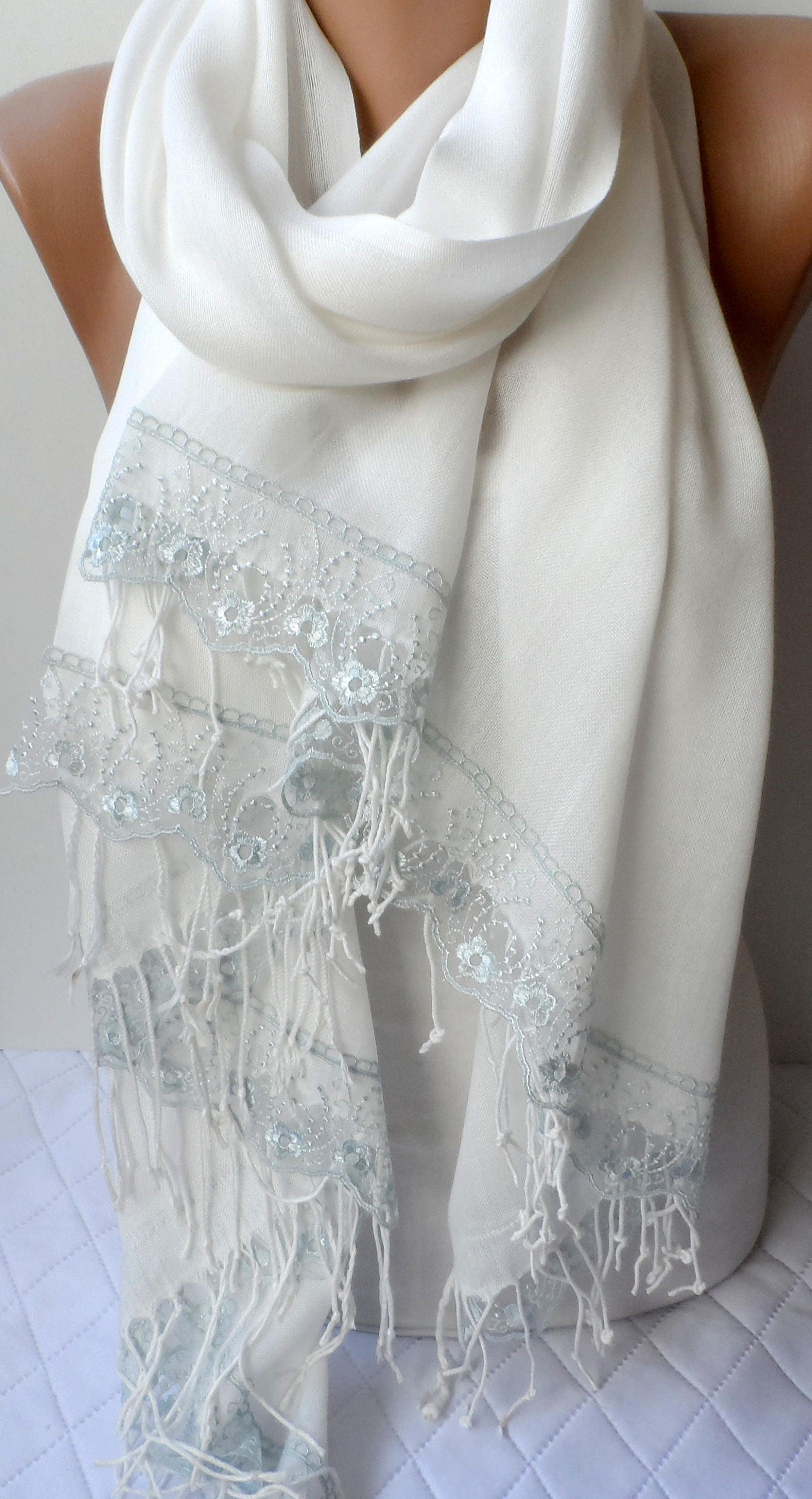 Off White Pashmina Shawls in Light Pastel Blue Lace shawl