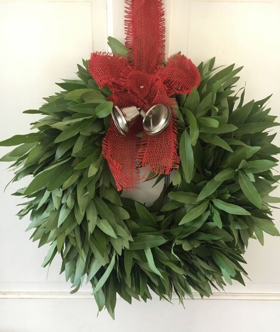 Bay Leaf Wreath with Red Jute Bow with Bells Fresh wreath