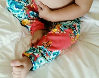 3-6mos Pink and Turquoise Floral Print RTS / Bright Pink Floral Leggings / Playtime Photos Spring Summer / Stretch Pants / Ready to Ship