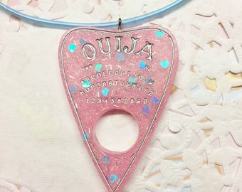 RTS Pastel Goth Ouija Necklace baby pink and blue heart and silver glitters