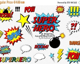 80% OFF - LIMITED TIME - Superhero Cliparts, Comics Clip Art Super Hero, Speech Bubble, Birthday, Retro Comic Clipart, Hero Illustrations,