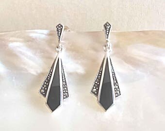 Marcasite Earrings, Art Deco Drop Earrings, Sterling Silver Earrings, UK Seller, Black Onyx Marcasite Jewellery, Marcasite Jewelry,