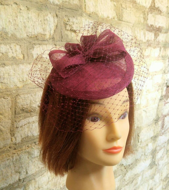 Wedding fascinator burgundy/wine wedding hat with mini veil