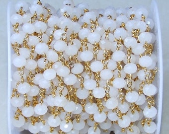 White Opalized Glass Faceted Rondelle Bead Rosary Chain - Gold Plated Wire Wrapped Rosary Chain. 5mm x 6mm Bead - Sold by the Foot