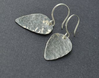 Sterling Silver Dangle Earrings, Leaf Earrings, Hammered Earrings, Silver Disc Earrings, Guitar Pick