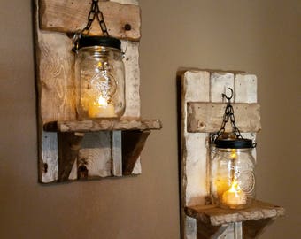 Mason jar Candle Holder, Rustic Country Decor, sconces, candle holdesr, lantern shelf, Mason Jar wood candle, Housewarming priced 1 each