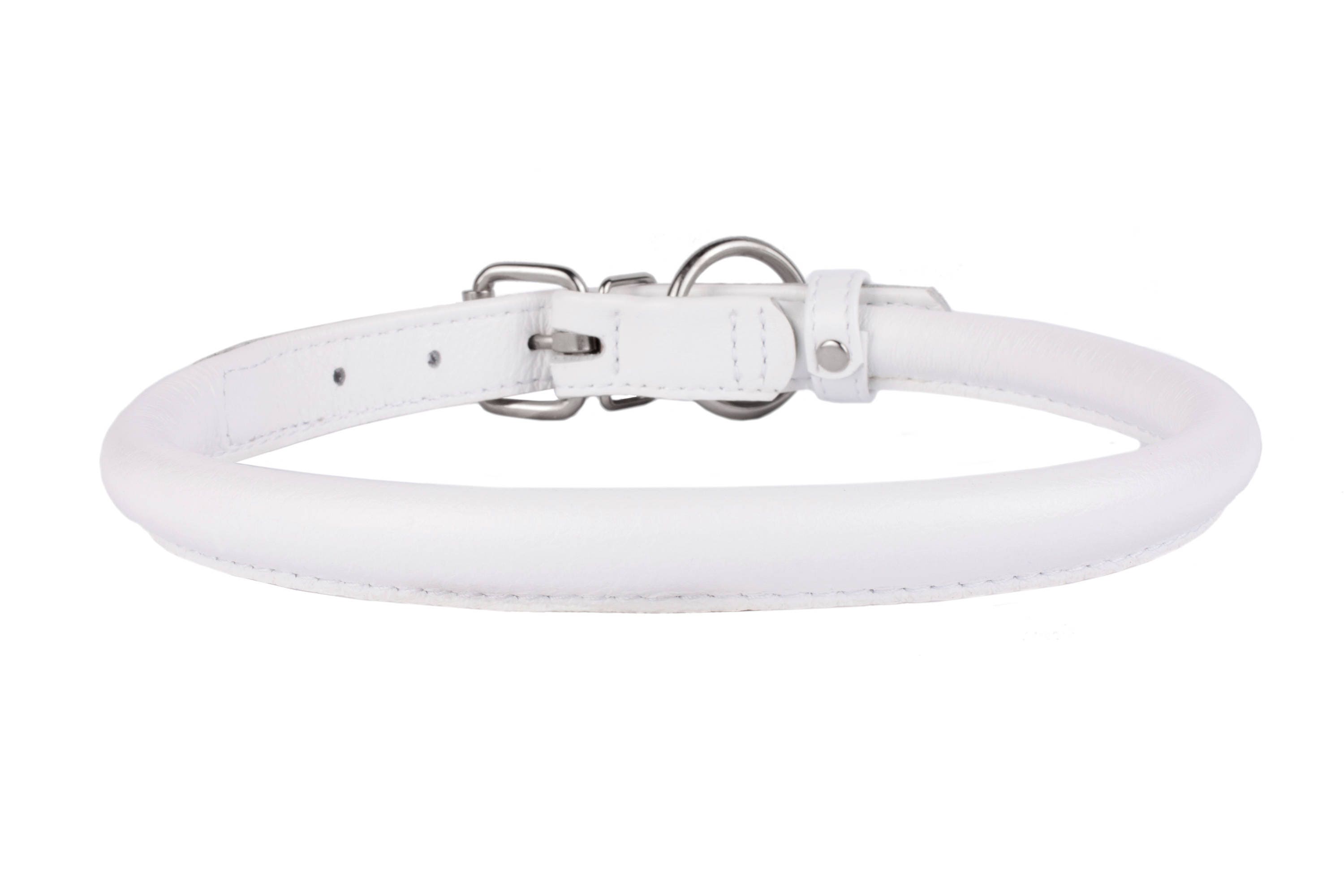 White Leather Dog Show Collar Rolled Round OPTIONAL Name Tag