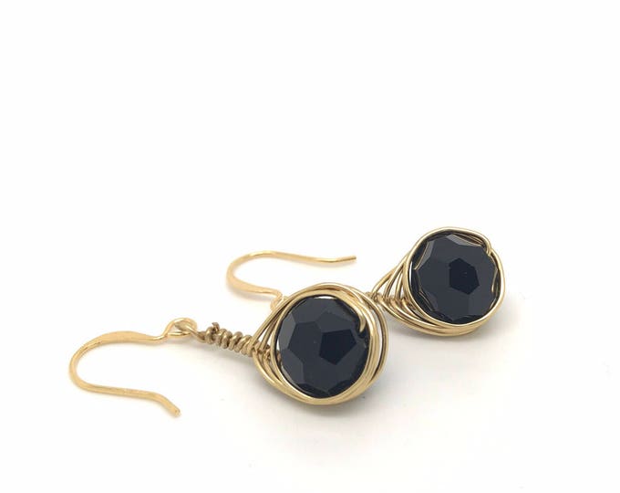 Drop Black Earrings - Black Earrings - Dangle Earrings - gold black Earrings - Gold wire wrapped black crystal earrings