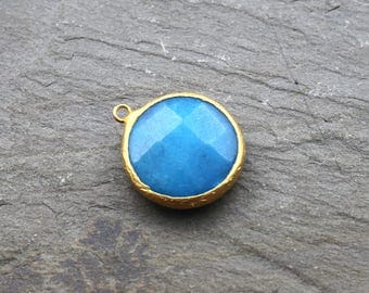 Jade Pendant, Gemstone Pendants, Blue Color Jade Round Pendant 36mm 24K Gold Plated Bezel Charm Pendant - GS054