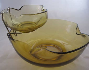 Vintage Amber Glass Chip and Dip Set
