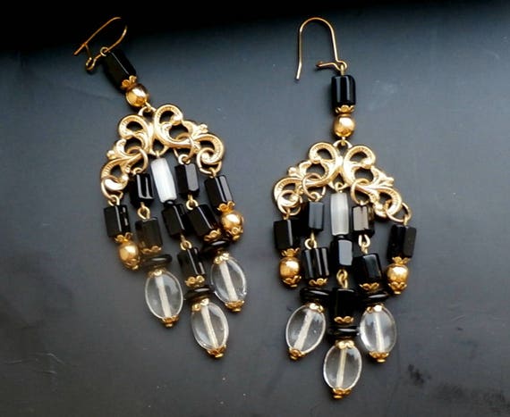 Gold Chandelier Earrings With Black Beads Vintage Tassel