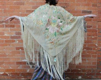 Vintage 1920s Embroidered Silk Piano Shawl
