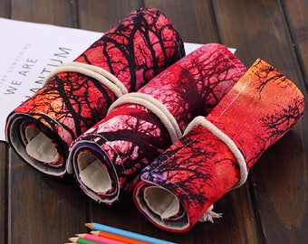72 Holes Canvas Pencil Wrap Roll Up Pencil Case Pen Holder Bag Storage Pouch Tree And Setting Sun