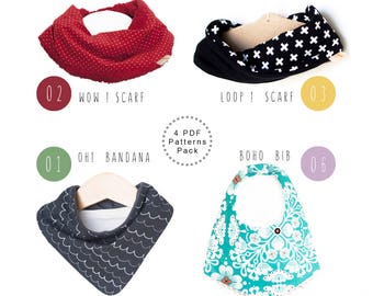 Baby Bib patterns. PDF bundle pack. Baby scarf. Bandana bib. Infinity scarf. Boho bib. Scarf bib. Baby sewing patterns. Bandana bib pattern