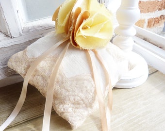 Lace and linen - shades of yellow/amber wedding ring cushion