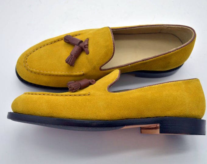 Yellow Suede Handmade Goodyear Welted Men's Tasseled Loafer Shoes