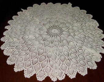 Vintage Crocheted Center Table Cloth, Beige Color, Pineapple Pattern