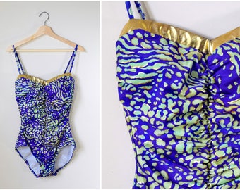vtg 80s blue green gold animal print swimsuit | medium | gathered One Piece Bathing Suit | Resort Wear | Beachwear | 90s new wave Swimwear