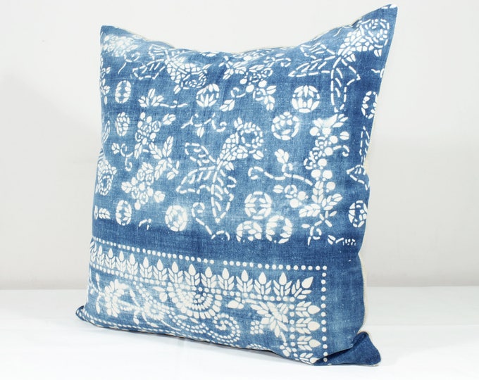 SALE! 18"x18" Vintage Indigo Batik Pillows, Old Chinese HMONG Batik Fabric Pillow Case, Ethnic Textile Cushion Cover