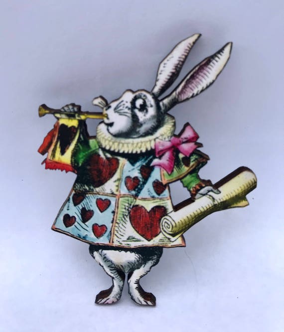 White rabbit Alice in wonderland plywood laser cut brooch or