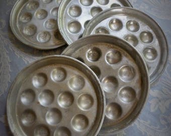 French snail plates, aluminium beautiful set 5 alu vintage kitchen, 1950's garlic saucers, camping, rustic, Genuine collectable kitchenalia,